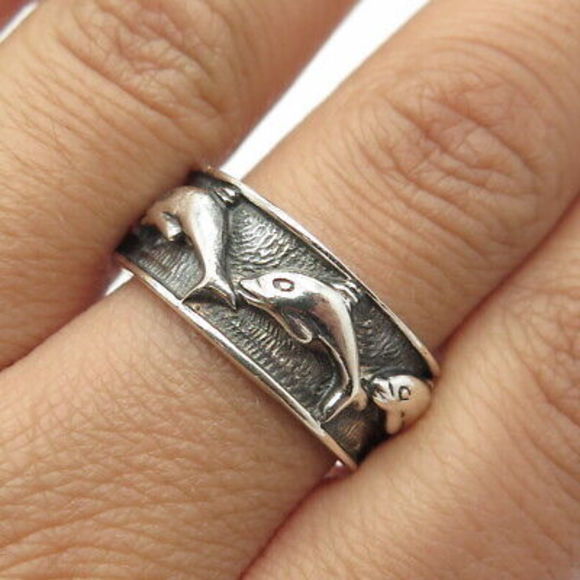 Jewelry - 925 Sterling Silver Vintage Friendly Dolphin Band Ring Size 10